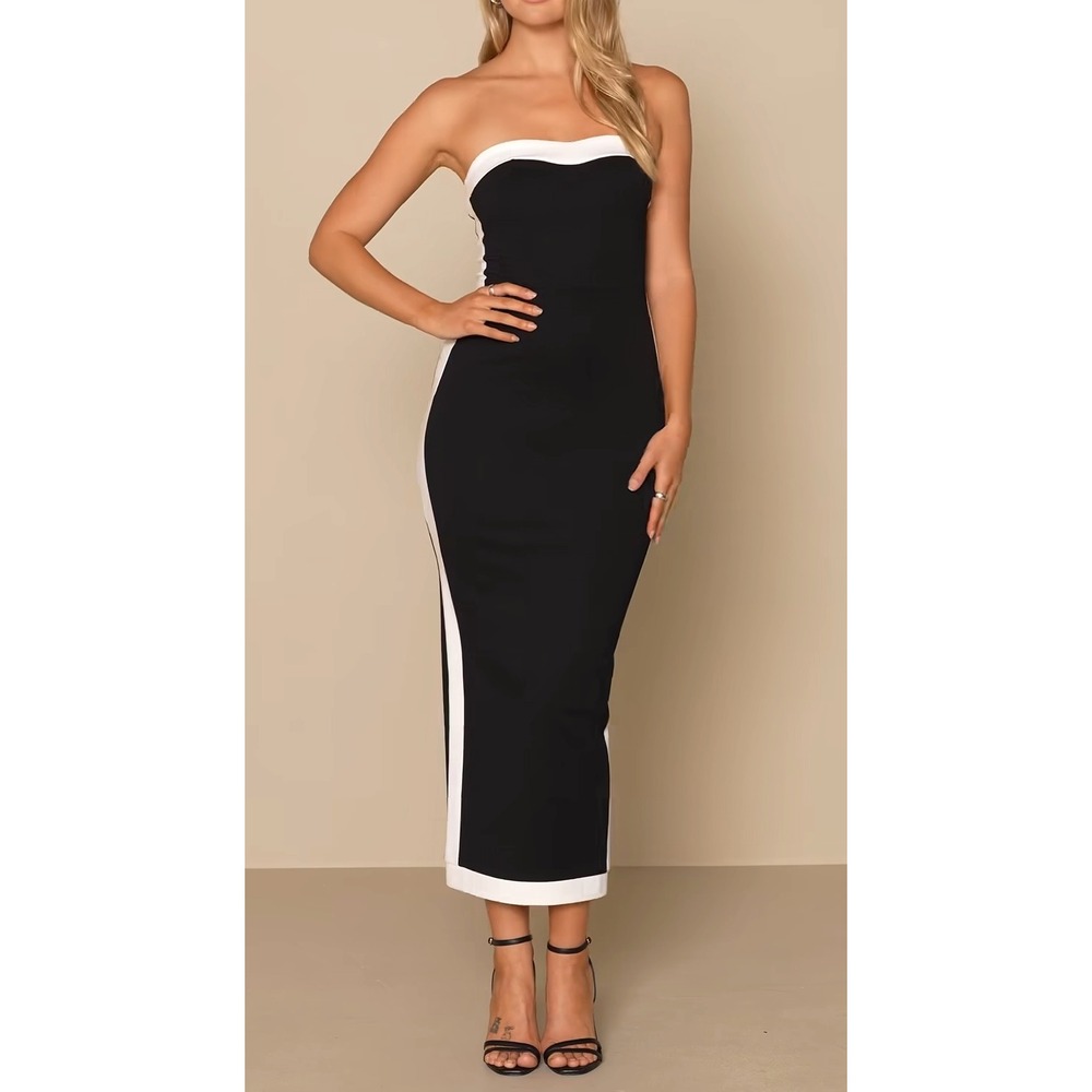 NWT Lulus Impressive Edge Black Color Block Strapless Midi Dress Sz L
